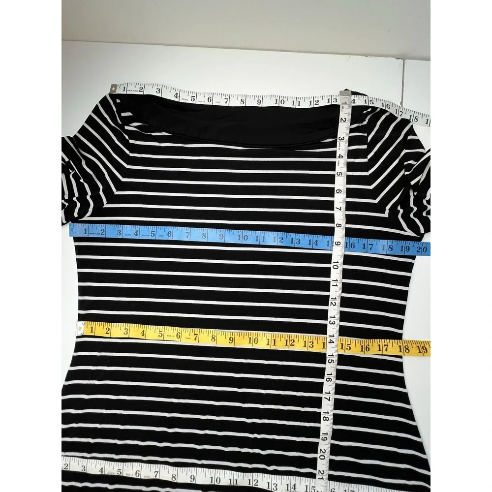 White House Black Market Tunic Dress L Black White Stripes Boat Coastal 3/4 Slv